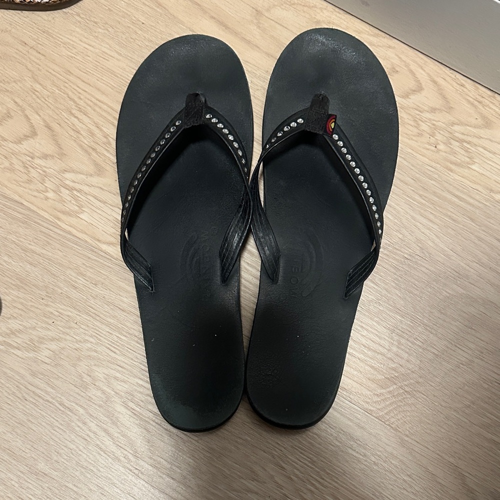 Rainbow Black Flip Flops with Rhinestone Accents